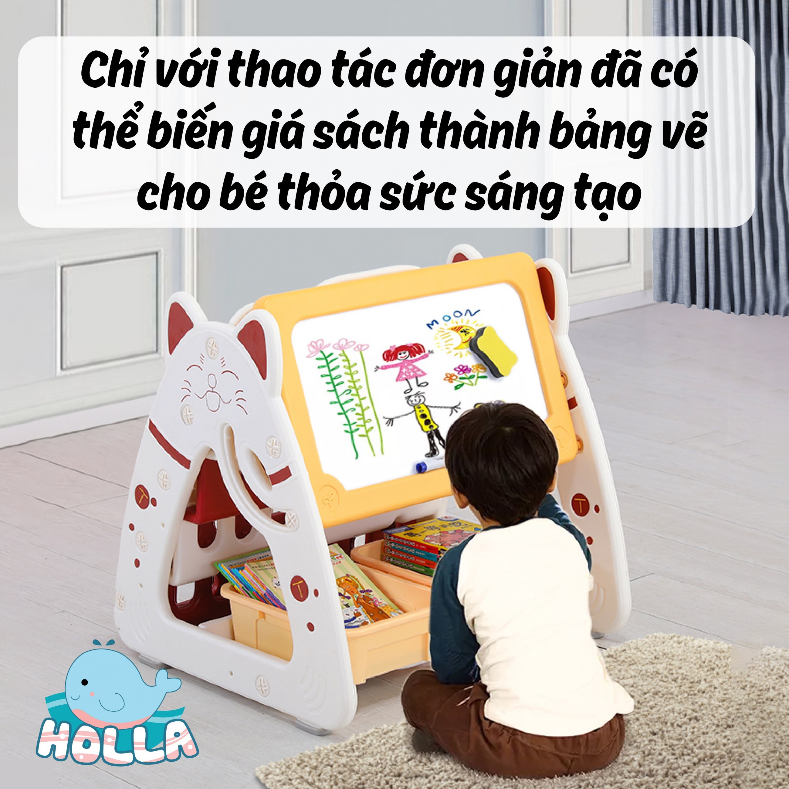 Bảng Vẽ Bàn Học Giá Sách Mèo Holla Cho Bé 1-7 Tuổi - Tặng Kèm Ghế