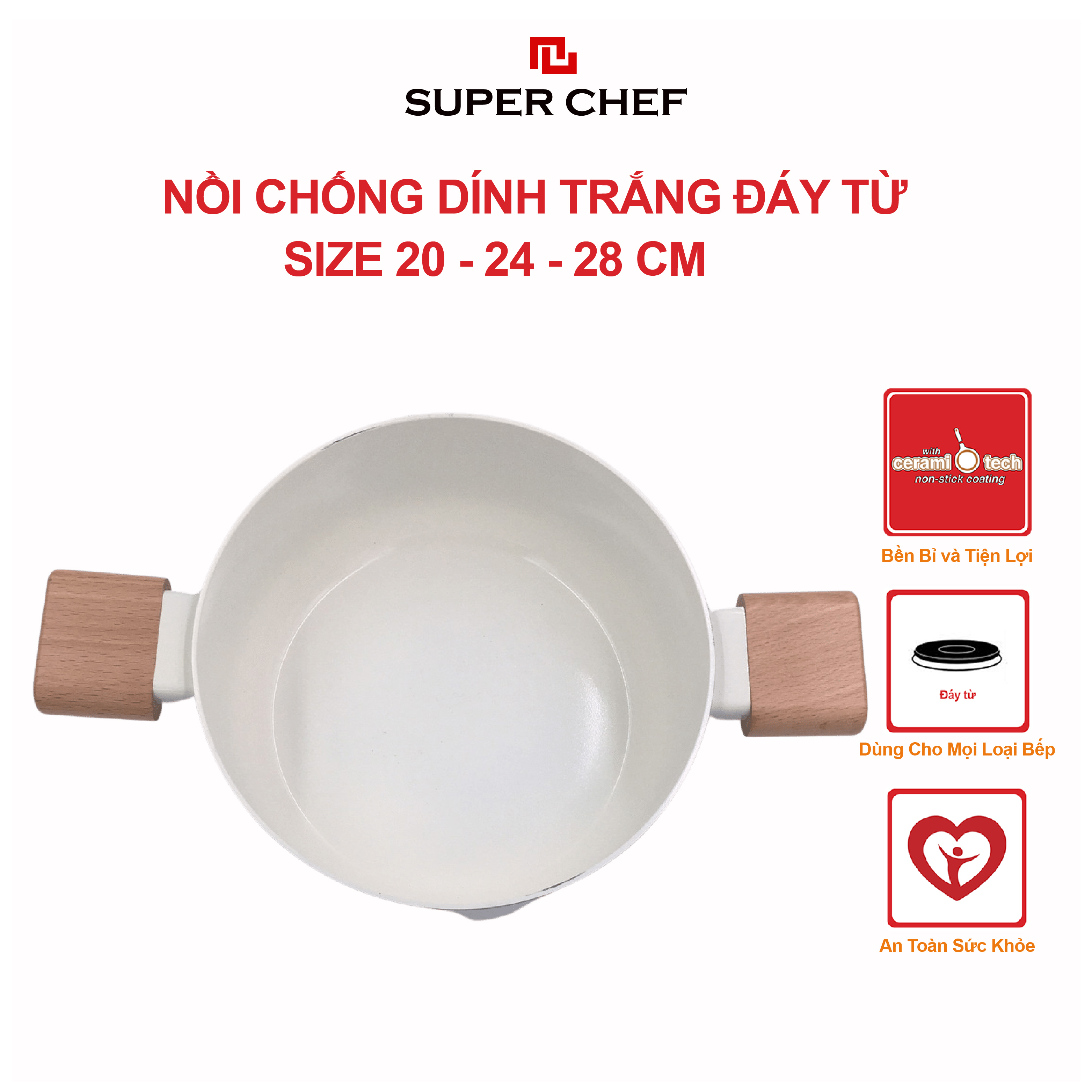 Nồi nắp kính SUPER CHEF h.kim tráng men trắng đáy từ bền bỉ, tiện bỉ