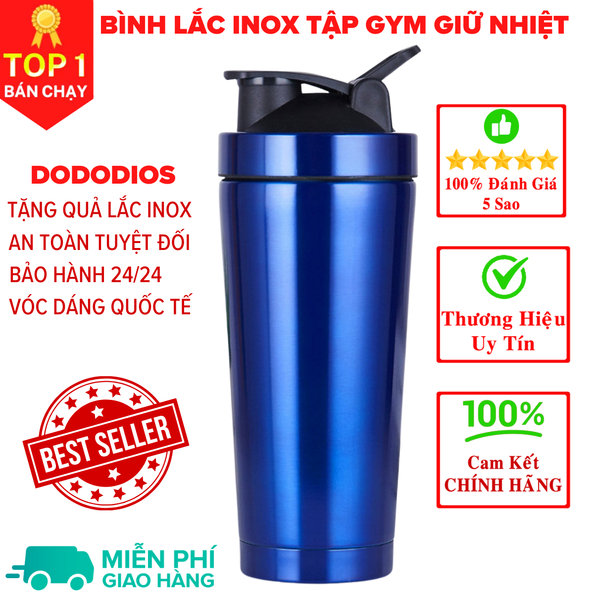 [Loại Cao Cấp - Giữ Nhiệt - Inox 304] bình lắc gym, bình lắc shaker, bình nước thể thao inox giữ nhiệt + kèm quả lắc Lò Xo - Hàng chính hãng DoDoDios