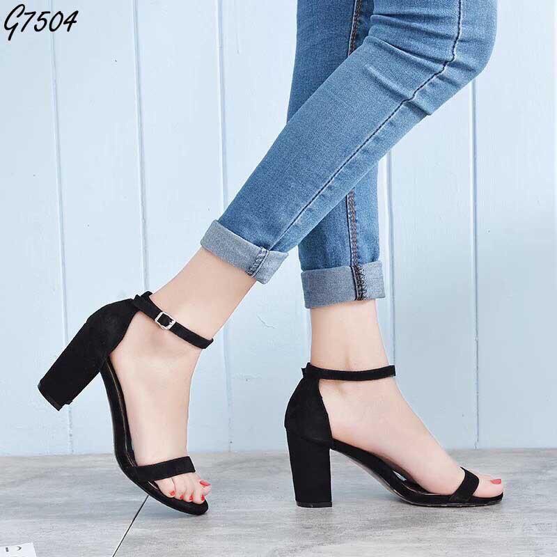 Giày cao gót 7 phân màu đen chất da lộn đế vuông quai ngang bản nhỏ