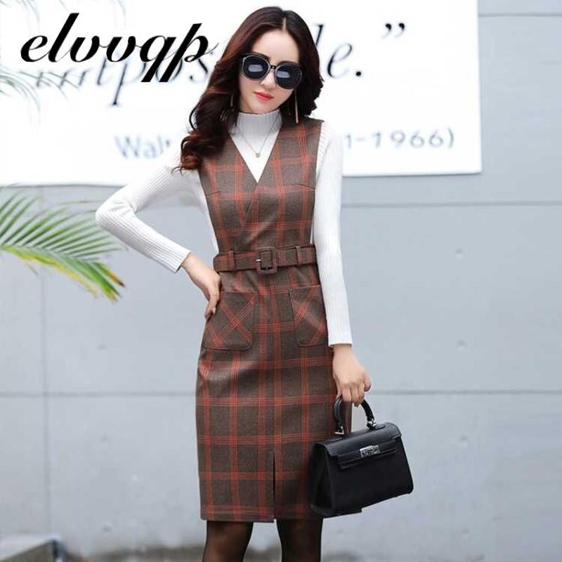 Áo Váy Đầm Nữ Thu Đông Cổ Vest ĐầM Vintage Tay Bỏ Túi Len Kẻ Sọc Nữ Trơn Dây Đầm Váy Công Sở Vestidos