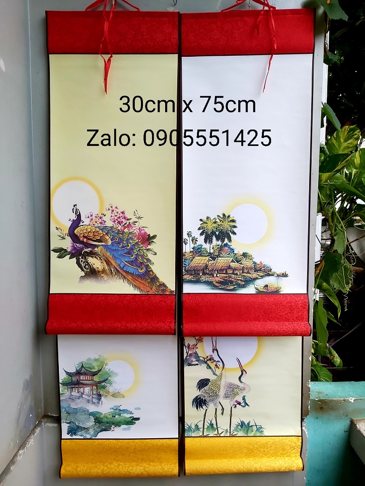 Bộ 4 biểu lụa  viết thư pháp in tranh 4 mẫu kích thước 30cm x 75cm