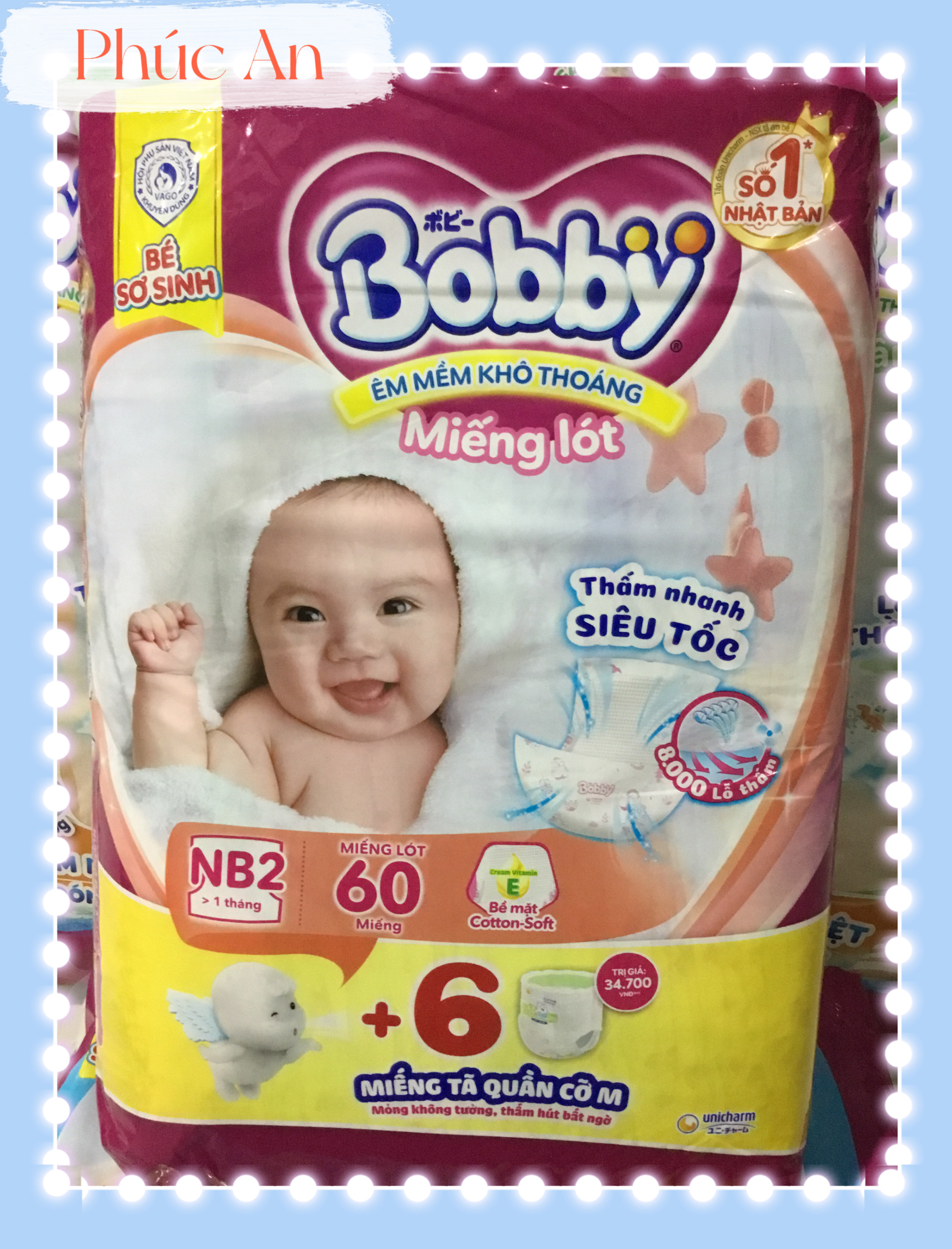 Tặng Thêm 6 Miếng Tã Quần size M - Miếng Lót Bé Sơ Sinh Bobby Newborn 2 ( NB2 60 ) 60 Miếng Cho Bé Lớn Hơn 1 Tháng - Tã Lót Trẻ Sơ Sinh NB 2 > 1 Tháng