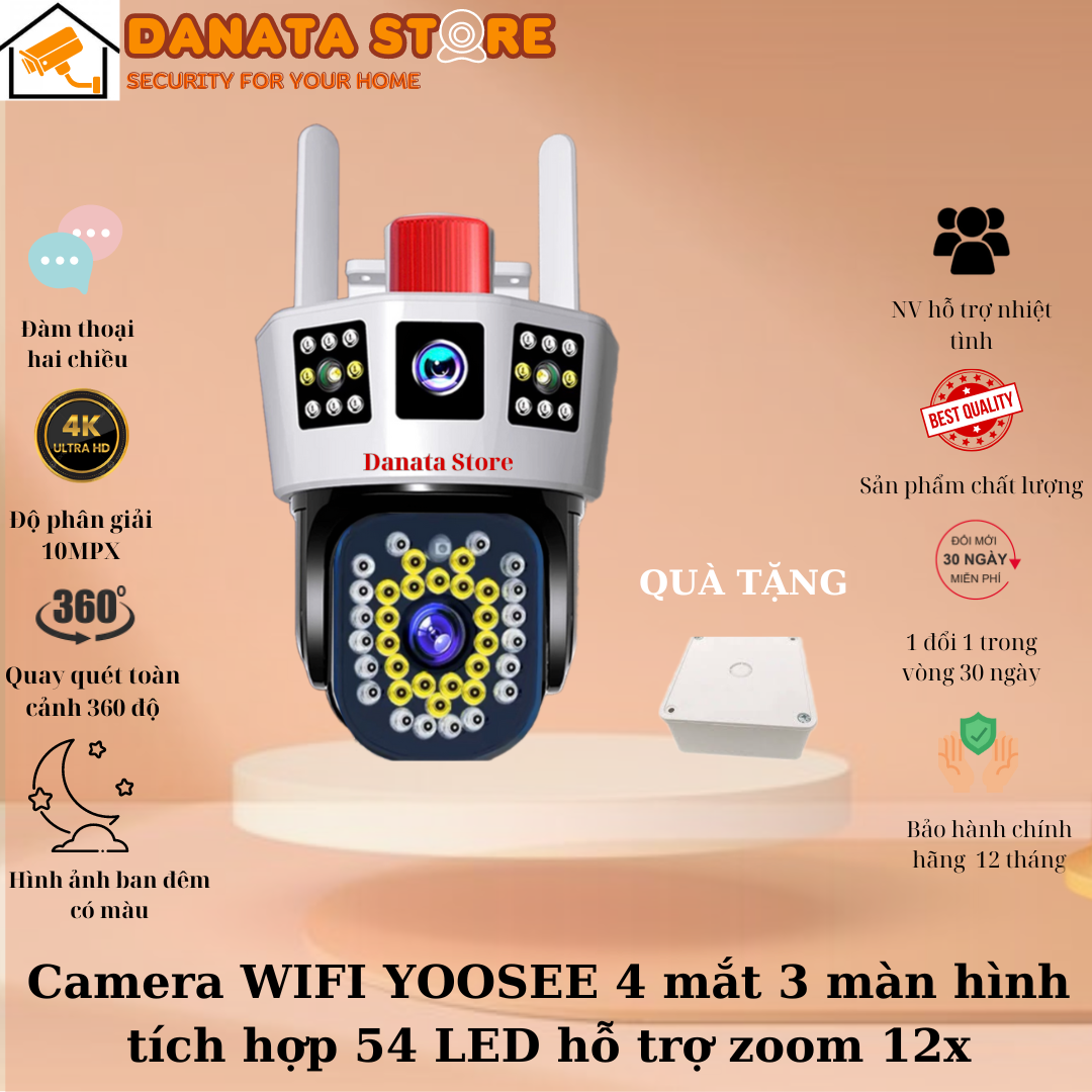 (Mẫu mới 2024) Camera WIFI YooSee 4 mắt 3 màn hình PTZ 10.0MPx - tích hợp 54 đèn LED siêu sáng hỗ trợ đàm thoại 2 chiều, cảnh báo chuyển động - Hàng chính hãng