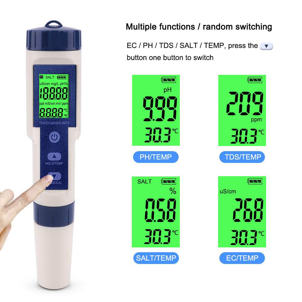 Thiết bị đo độ pH kỹ thuật số 5 trong 1 TDS EC Nội dung muối nhiệt độ pH thử nghiệm độ chính xác cao