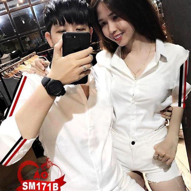 Áo sơ mi nam nữ trắng sọc tay 3 màu TM