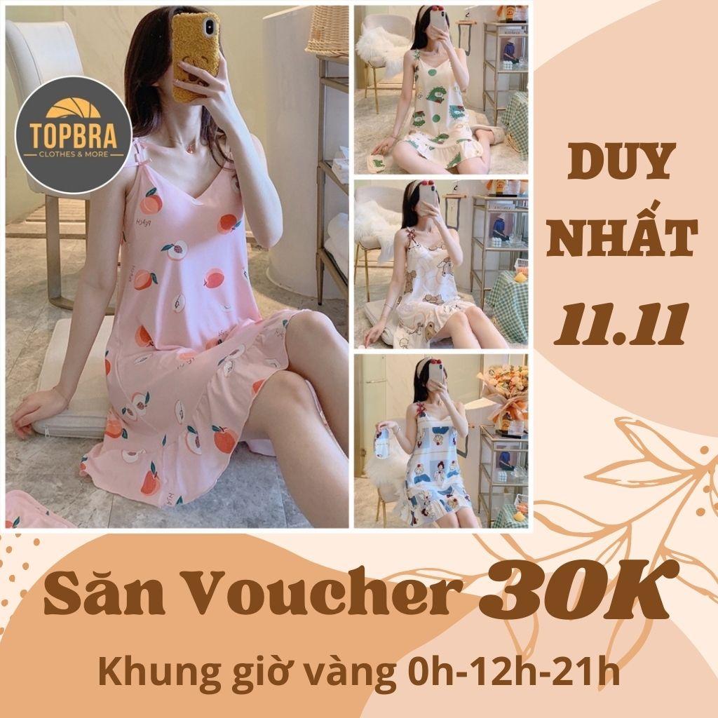 Hình ảnh Váy Ngủ Hai Dây Có Đệm Ngực Kèm Bịt Mắt Đầm Ngủ Thun Sữa In Hoạ Tiết Mềm Mịn Đuôi Xếp Li TOPBRA