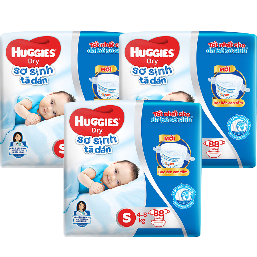 Combo 3 Gói Tã Dán Sơ Sinh Huggies Mới (4-8)kg - Gói 88 Miếng 