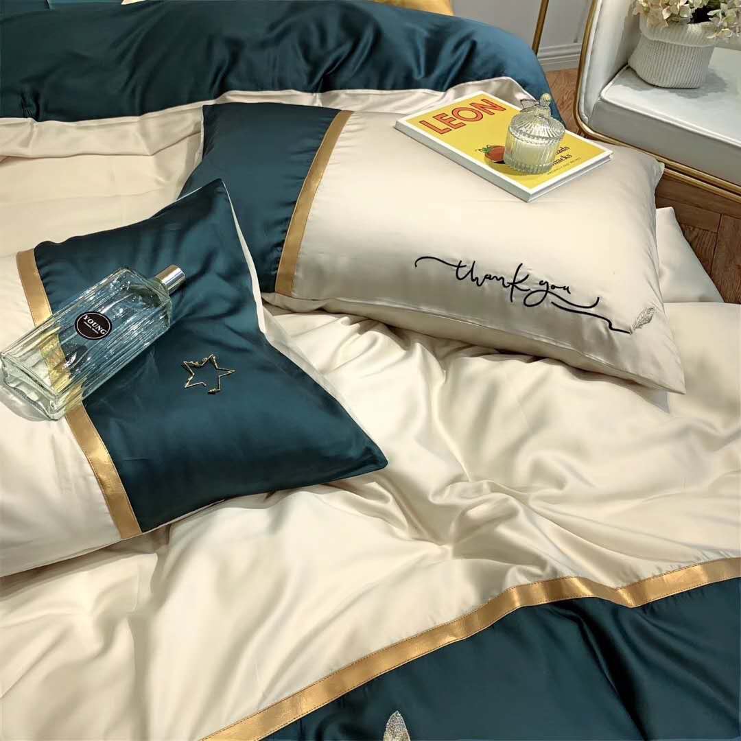 Chăn ga gối tencel loại đẹp-Trắng Xanh-Tặng 1 móc khóa Houston