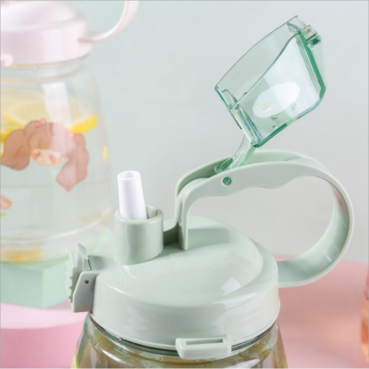 Bình Đựng Nước Cute Bụng Bự Dung Tích 1300ml Có Ống Hút Kèm Dây Đeo Cực Tiện Lợi Xinh Xắn Dễ Thương Tặng Kèm Sticker