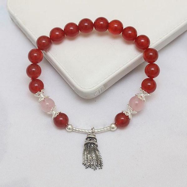Vòng tay phong thủy đá Mã Não đỏ 10 ly mix Charm Bạc S925