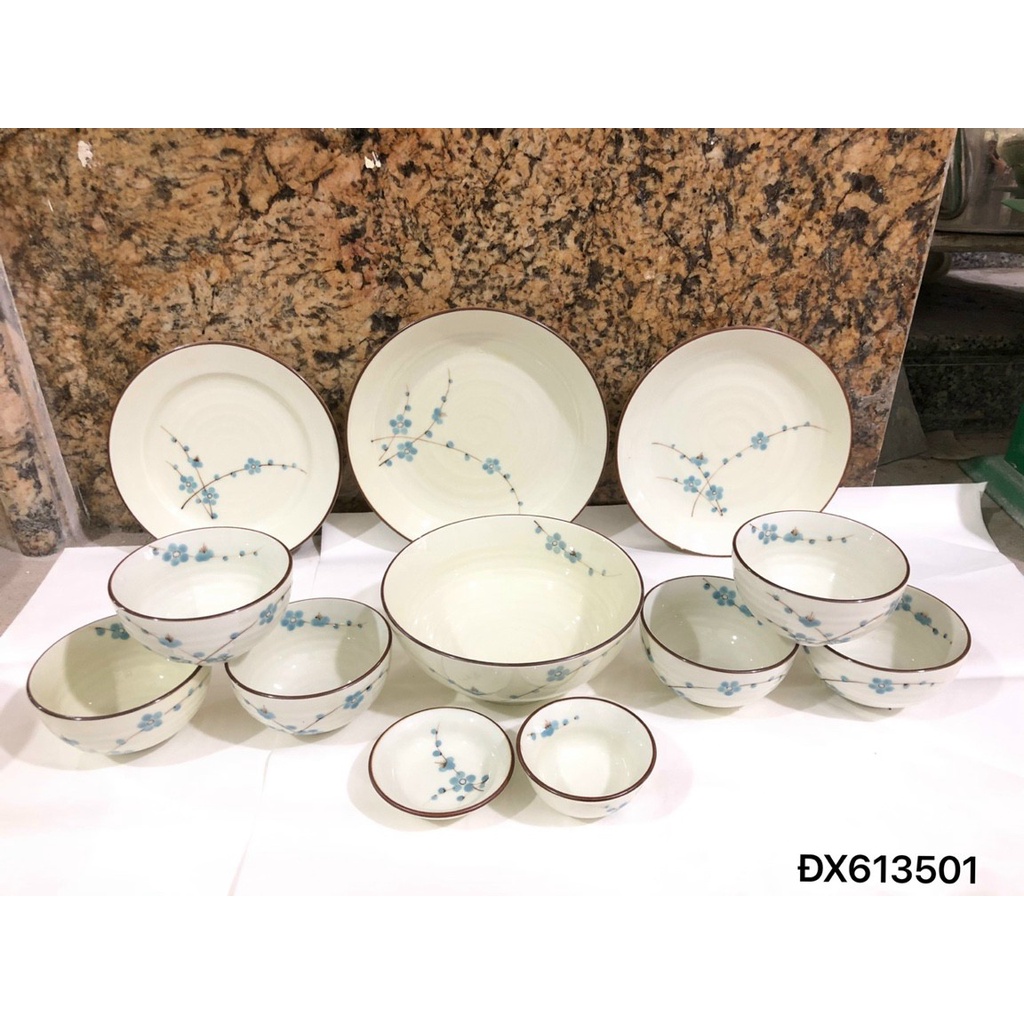 Bộ bát đĩa sứ Bát Tràng, bộ chén đĩa ăn cơm gia đình men kem họa tiết đào xanh cao cấp, nhiều mẫu