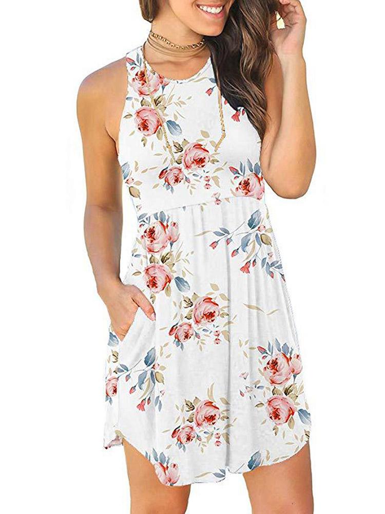 Women Floral Printed Mini Dress with Pockets Sleeveless O-Neck Summer Casual Sundress