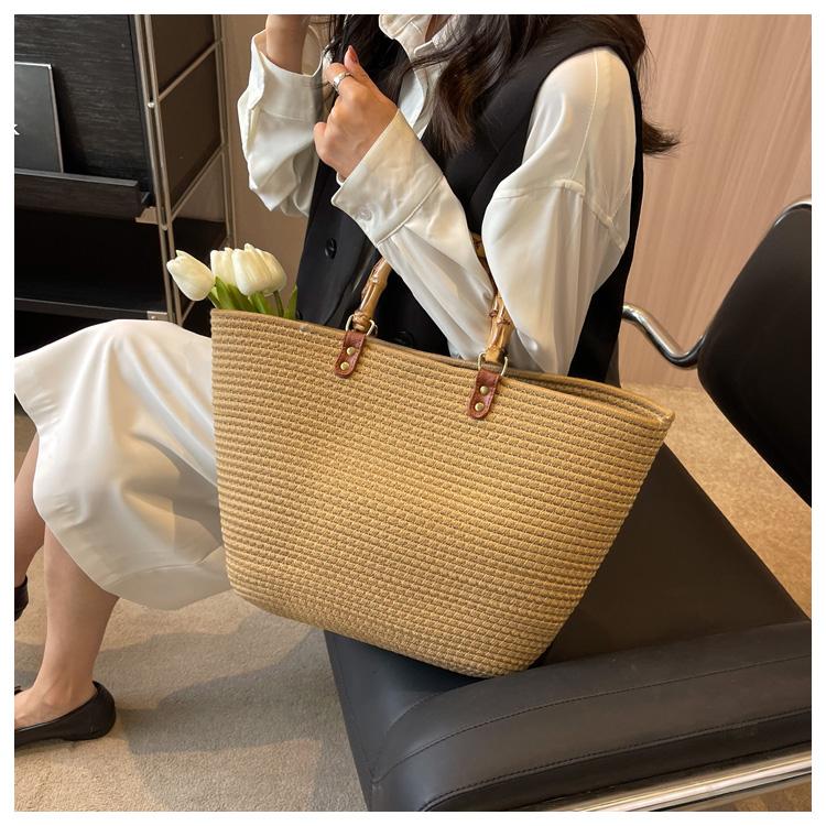 Túi xách tay tote nữ cotton dệt tay cầm tre du lịch đi biển cỡ lớn phong cách thời trang vintage TX35