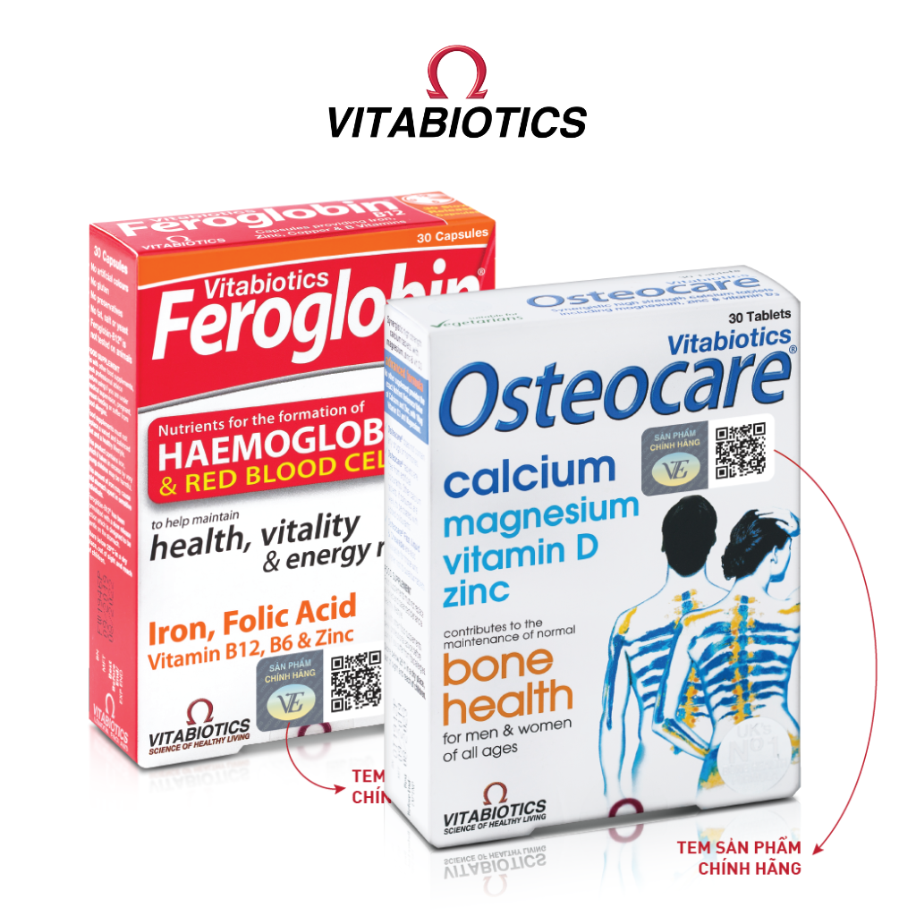 Bộ Sản Phẩm Vitabiotics OSTEOCARE Giúp Xương Chắc Khỏe 30 Viên Và FEROGLOBIN B12 Bổ Sung Sắt 30 Viên