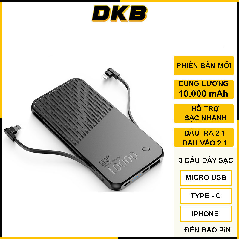 Sạc Dự Phòng DKB CC10 - Dung Lượng 10000mAh - Tích Hợp 3 Đầu Dây Sạc - Hỗ Trợ Sạc Nhanh 2.1A - Phiên Bản Mới - Hàng Chính Hãng