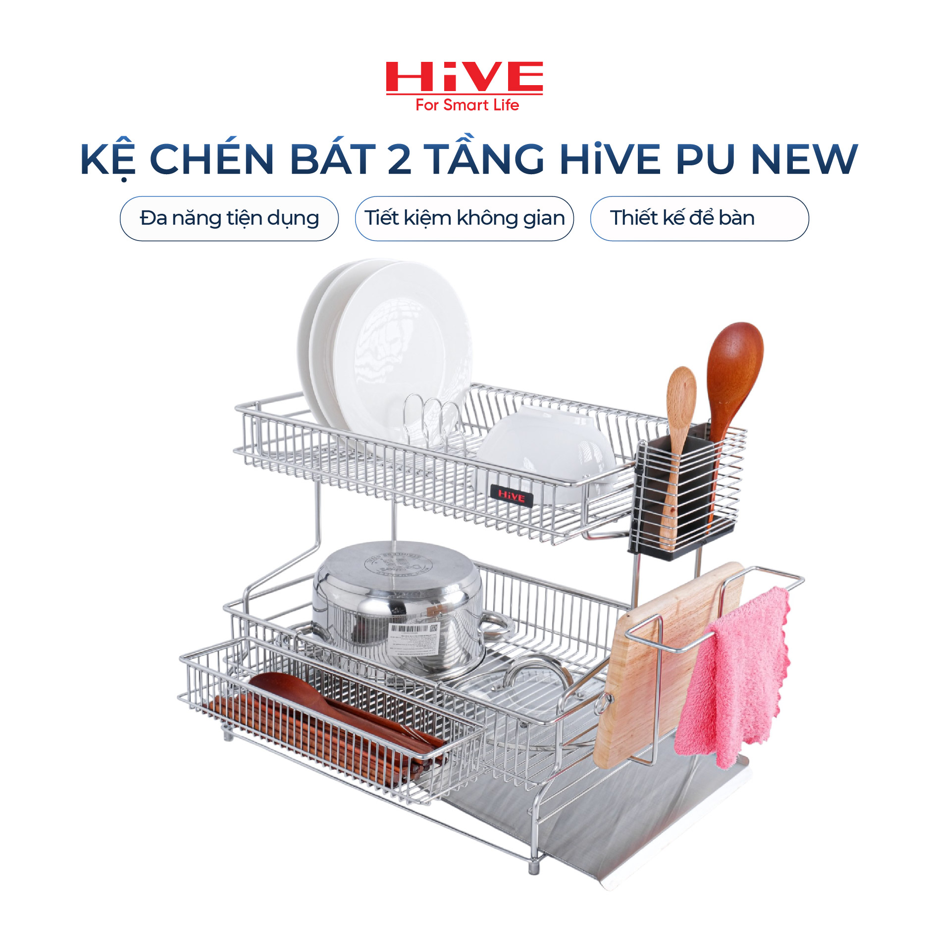 Kệ (giá) để chén bát HiVE PU New 2 tầng inox 304