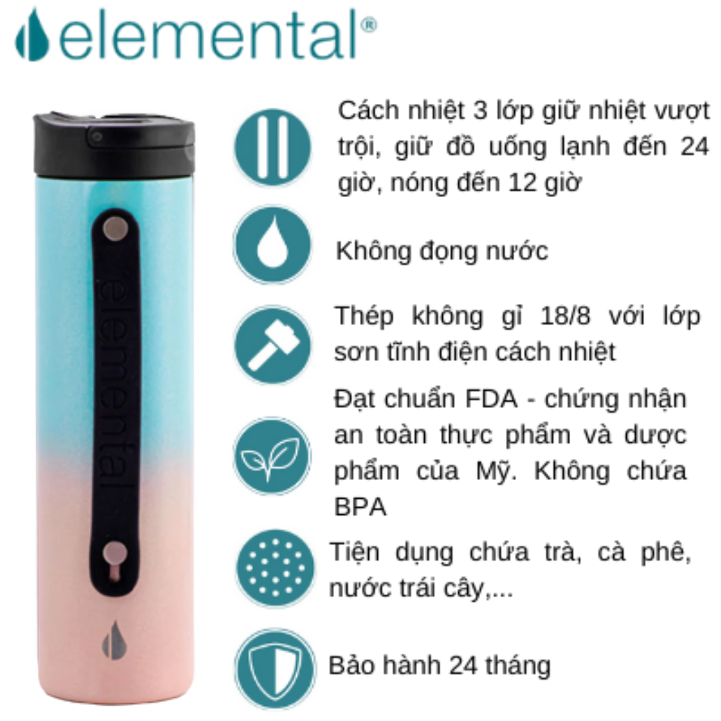 Bình giữ nhiệt Elemental Iconic sport màu candy 590ml, giữ nhiệt vượt trội, inox 304, FDA Hoa Kì, An toàn sức khỏe, có ống hút