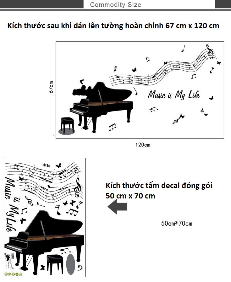 Decal dán tường piano âm nhạc trang trí sang trọng
