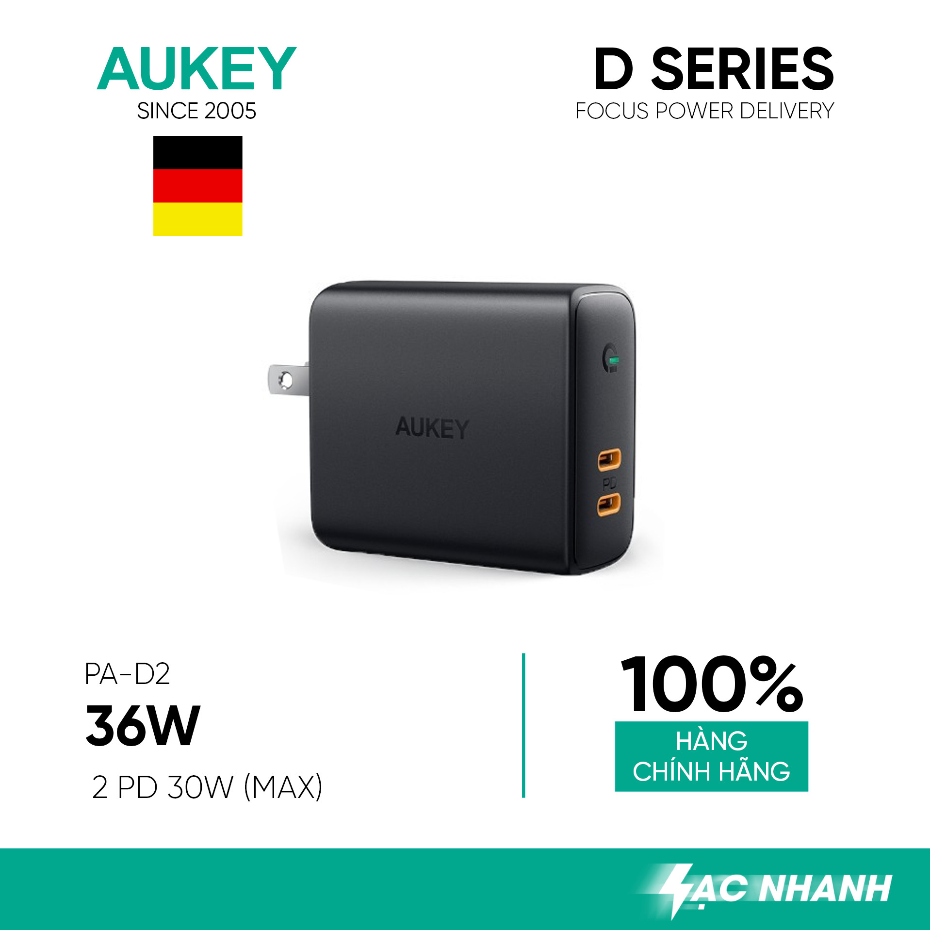 Cốc Sạc 2 Cổng Type C AUKEY PA-D2 Power Delivery 30W Tích Hợp Công Nghệ Dynamic Detect  - Hàng Chính hãng