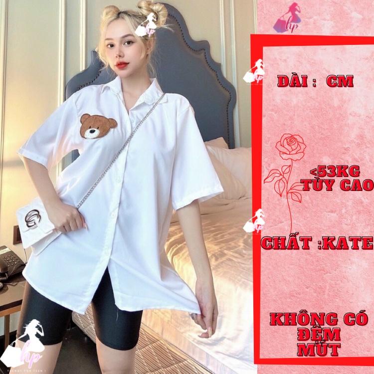 Áo sơ mi nữ phom rộng cổ sơ mi, Áo phông from to tay lỡ katê lụa thêu gấu sang chảnh hàn quốc A179