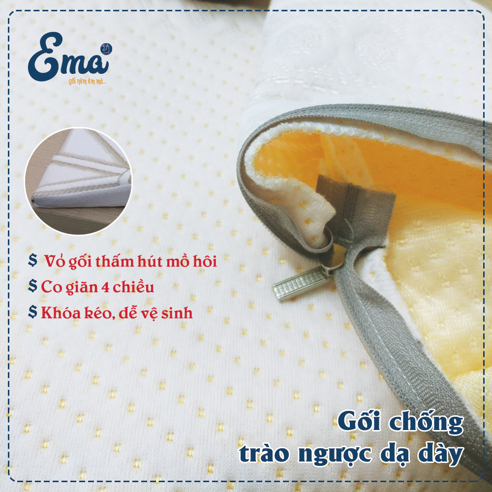 Gối chống trào ngược dạ dày thực quản người lớn Ema cao 14cm giúp giảm trào ngược dạ dày, viêm họng mãn tính, nuốt vướng, nghẹn cổ, khó thở khi ngủ, ngáy ngủ