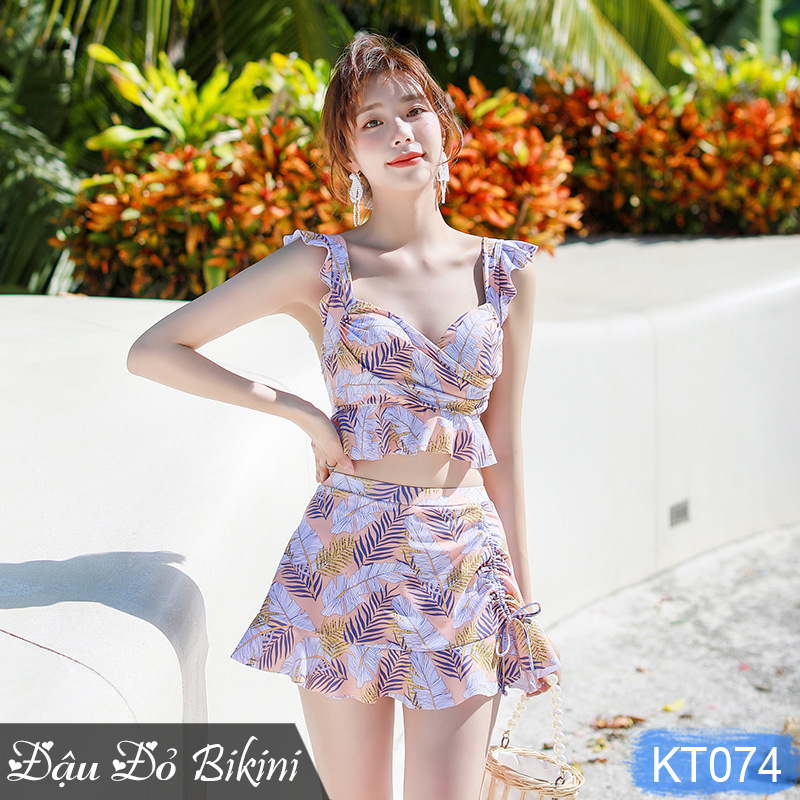 Bộ bơi nữ 2 mảnh quần váy cạp cao dấu bụng, áo vai bèo kín đáo dễ mặc, mẫu trẻ trung nhẹ nhàng, chất bơi thun bơi lạnh Hàn dày mịn | KT074