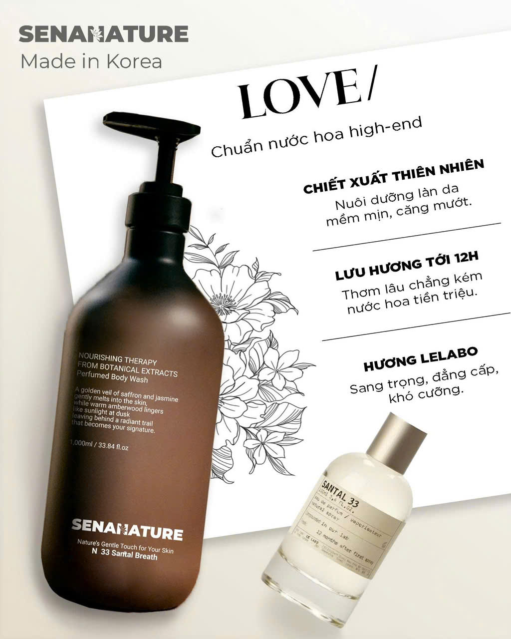(Set quà tặng) sữa tắm nước hoa Senanature 500ml/1000ml (nâu) SENANATURE NOURISHING THERAPY FROM BOTANICAL EXTRACTS