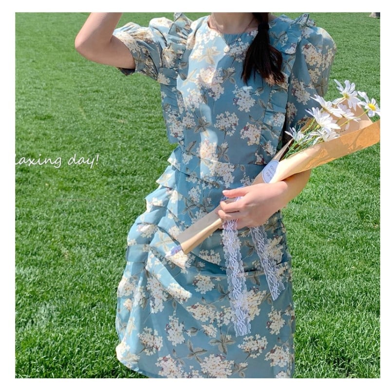 ĐẦM HỌA TIẾT MÀU XANH XẾP LY DH061