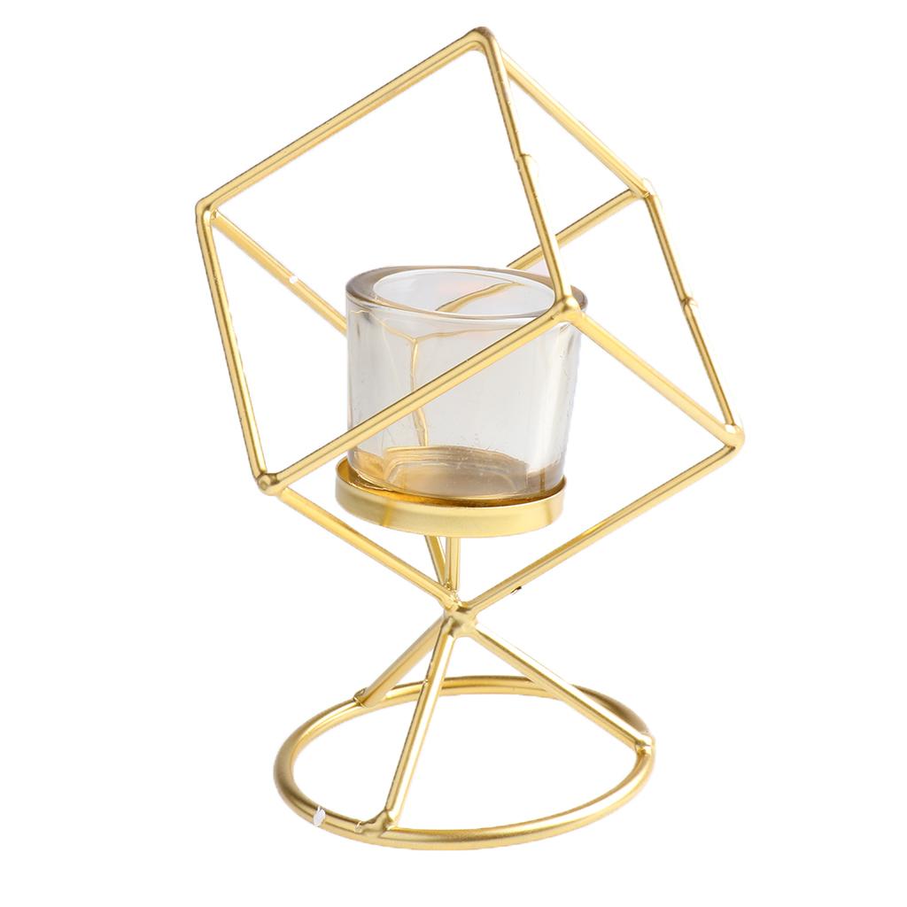 Metallic Hollow Candelabra Cube Candle Holder with Glass Cup Decor, Golden