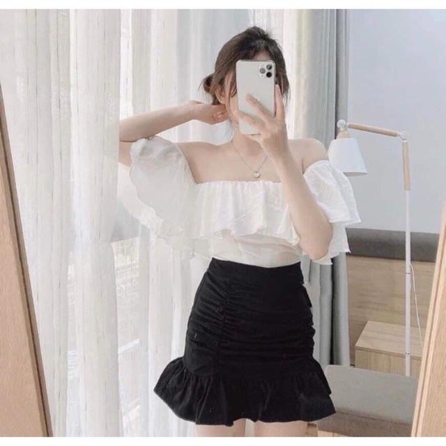 Áo croptop rớt vai voan tầng thời trang quyến rũ