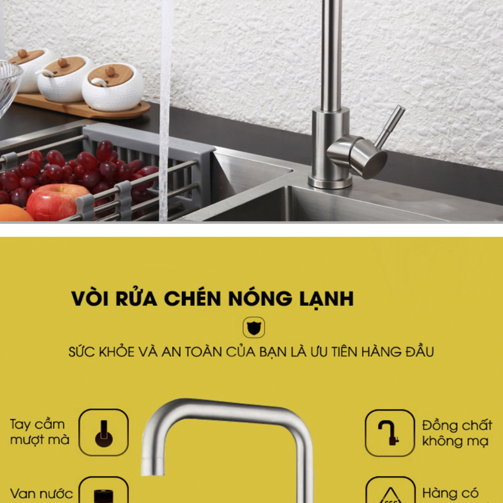 Vòi Rửa Bát Chén Vuông Tròn ABG, Hai Chế Độ Nóng Lạnh, Rửa Chén Xoay, Bát Vuông, Inox Cao Cấp Xoay 360 Độ Siêu Bền, Tặng Kèm Hai Dây Cấp Nóng Và Lạnh - Hàng Chính Hãng