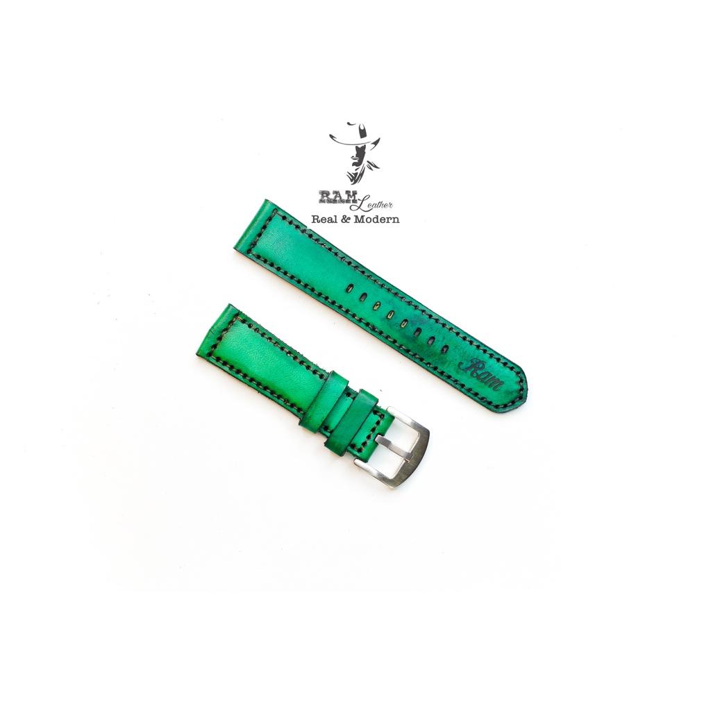 Dây đồng hồ da bò thảo mộc vegtan xanh ngọc handmade bền chắc RAM