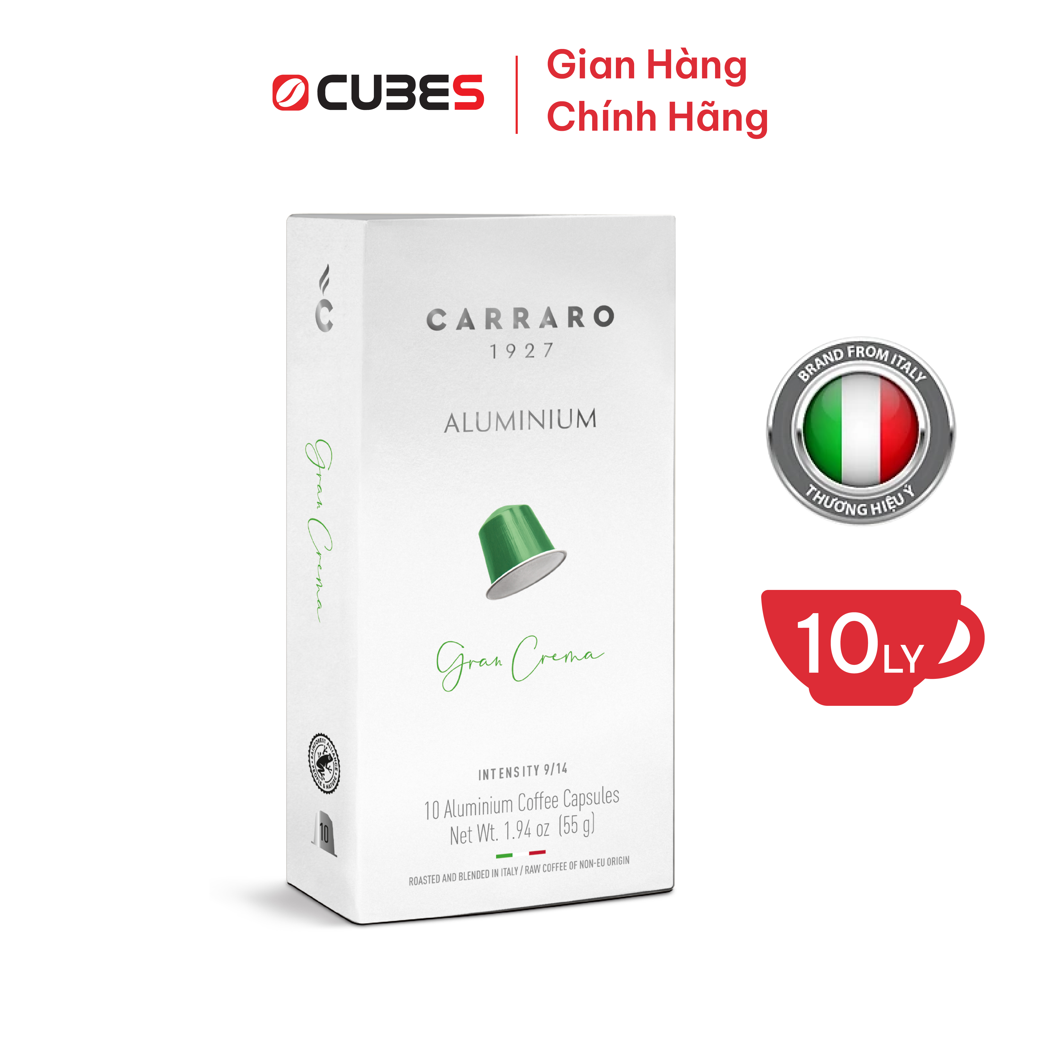 Cà Phê Viên Nén Carraro GRAN CREMA Aluminum Mới - 10 viên - Tương thích với máy capsule Nespresso