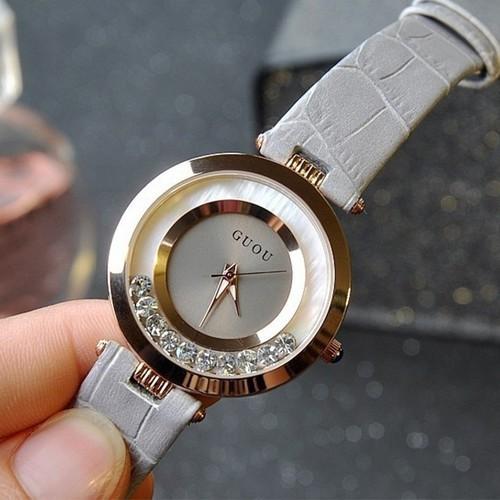 Đồng hồ nữ Guou 8039 chính hãng dây da đá chạy viền chống nước
