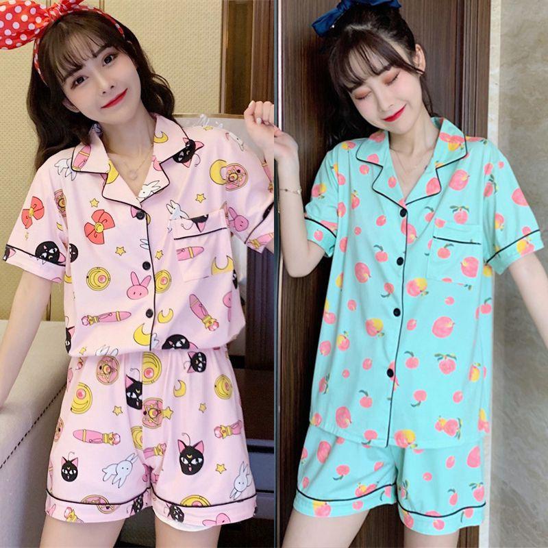 Bộ Quần Áo Ngủ Tay Ngắn Dáng Rộng In Hình Xinh Xắn Hợp Thời Trang Hè Cho Bạn Gái