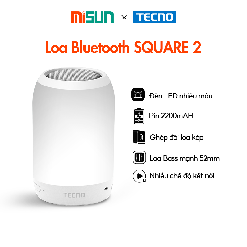 Loa Bluetooth TECNO SQUARE S2 | Loa Bass mạnh 52mm | Pin 2220 mAh | Đèn Led nhiều màu - Hàng Chính Hãng