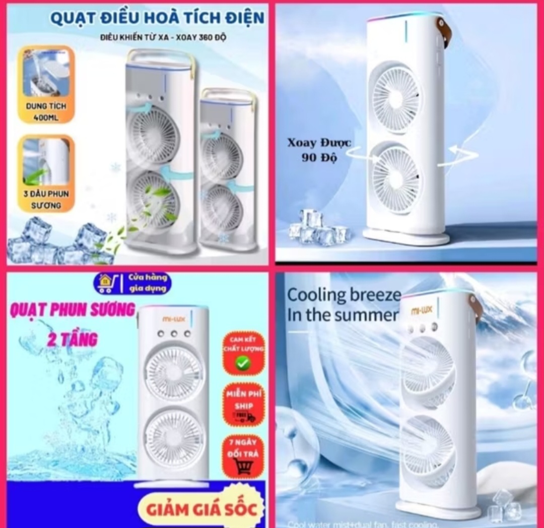 1 CÁI QUẠT PHUN SƯƠNG MINI 2 TẦNG GIÓ SIÊU MÁT LẠNH TÍCH ĐIỆN ĐIỀU KHIỂN TỪ XA THÔNG MINH