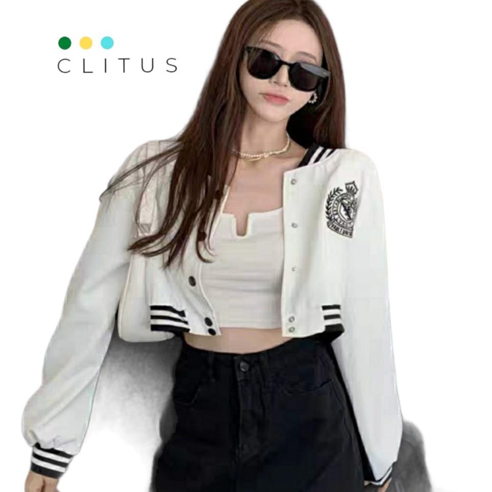 Áo Khoác Bomber Nữ Form Croptop Cúc Bấm 2 Lớp Dày Mịn Siêu Đẹp - CLITUS FASHION