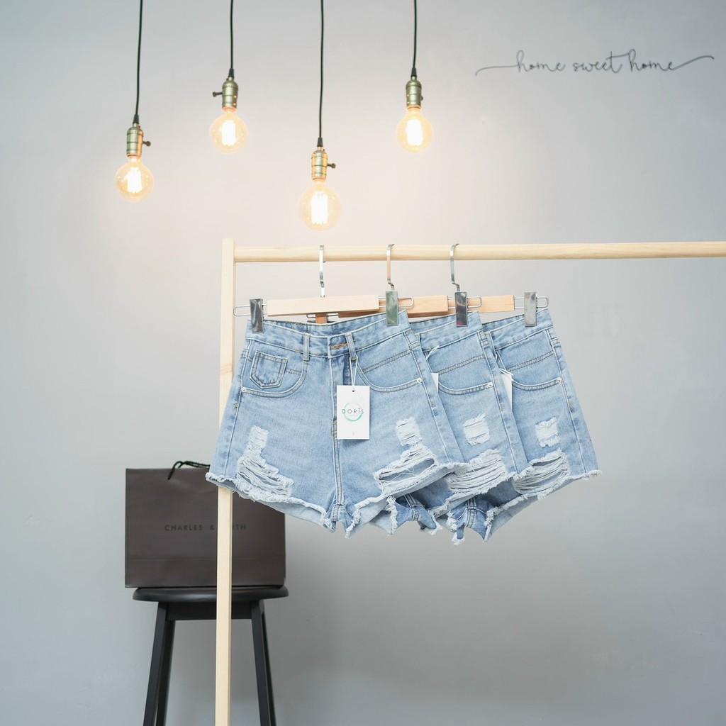 Quần short jean nữ lưng cao phối rách denim cotton, rin ngắn phối rách William - AT87