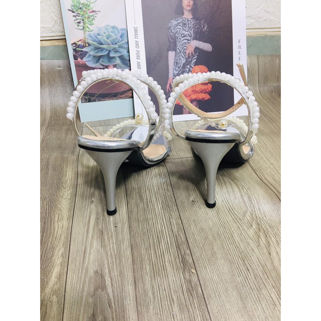 Giày sandal cao gót nơ ngọc 7p gót nhọn sang chảnh