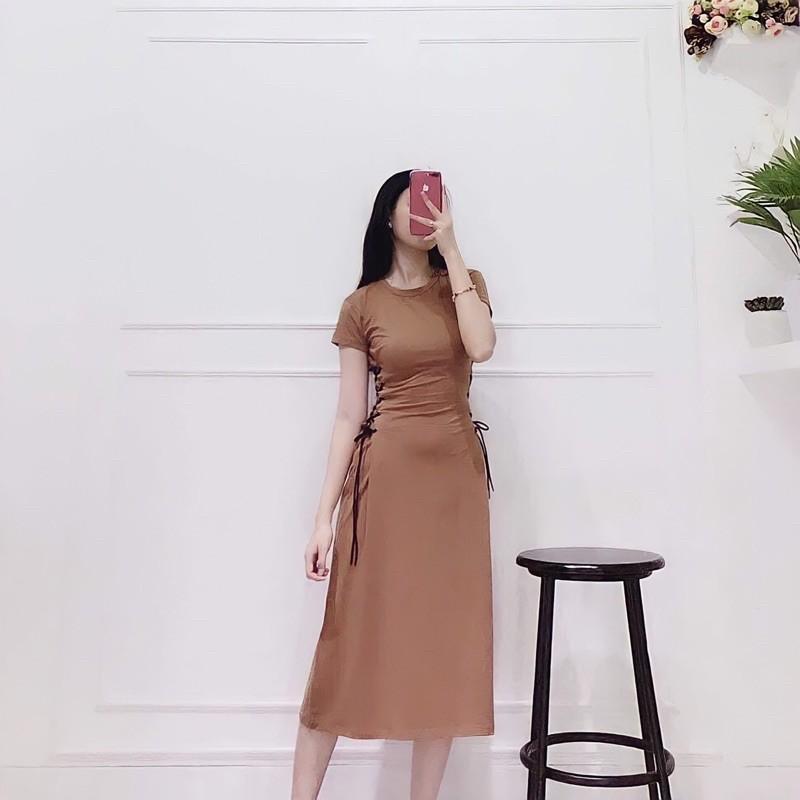 Đầm maxi thun đan dây 2 bên hông 2 màu nâu đen