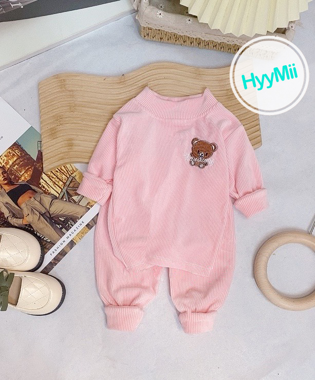 Bộ Nhung Lông Tay Dài Cổ 5p Thêu Hình Gấu Siêu Cưng Cho Bé - H1