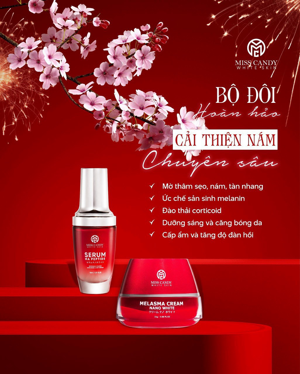 [MISS CANDY] Bộ 2 Sản Phẩm Trắng Da Mờ Thâm, Sạm, Nám, Tàn Nhang MISS CANDY Gồm Serum HA Peptide 30ml + Kem Nám Sâm Nhung Hoàng Kim 25g - Gia Tuệ House