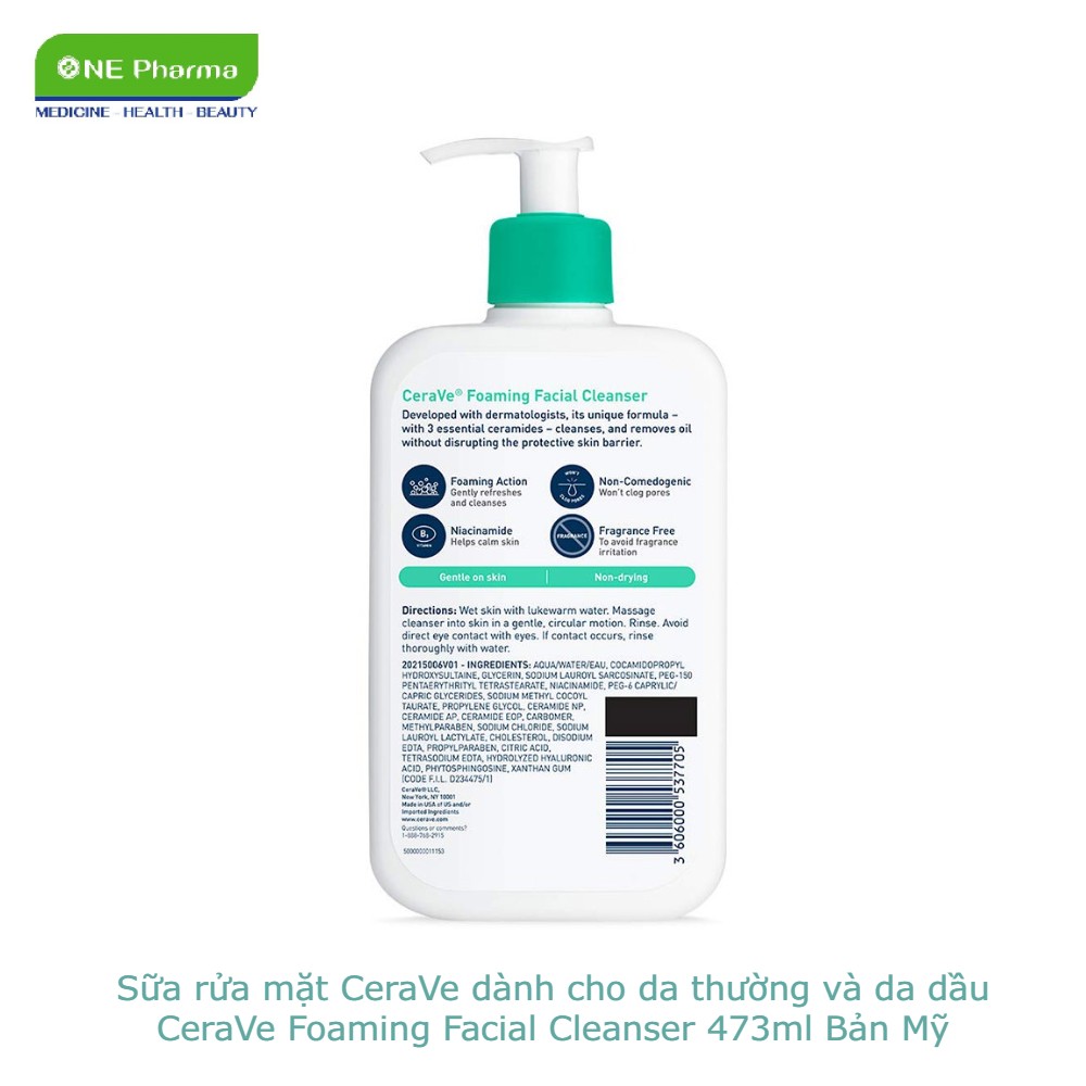 Sữa rửa mặt CeraVe dành cho da thường và da dầu CeraVe Foaming Facial Cleanser 473ml Bản Mỹ
