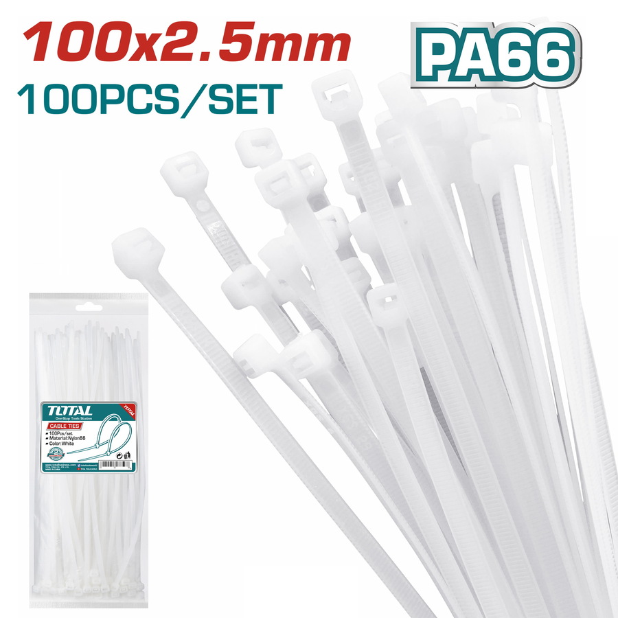 Túi 100 sợi dây rút nhựa trắng Nylon66 TOTAL THTCT1001 (2.5*100mm), THTCT15025 (2.5*150mm) và THTCT2001 (3.6*200mm)
