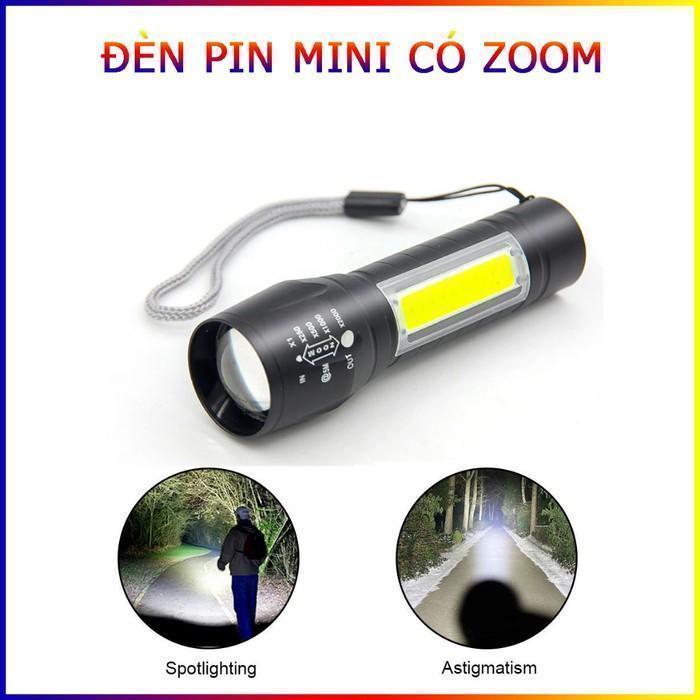 Đèn Pin Sạc Mini Có Zoom Hộp Xanh Xpe+Cob Light Siêu Sáng