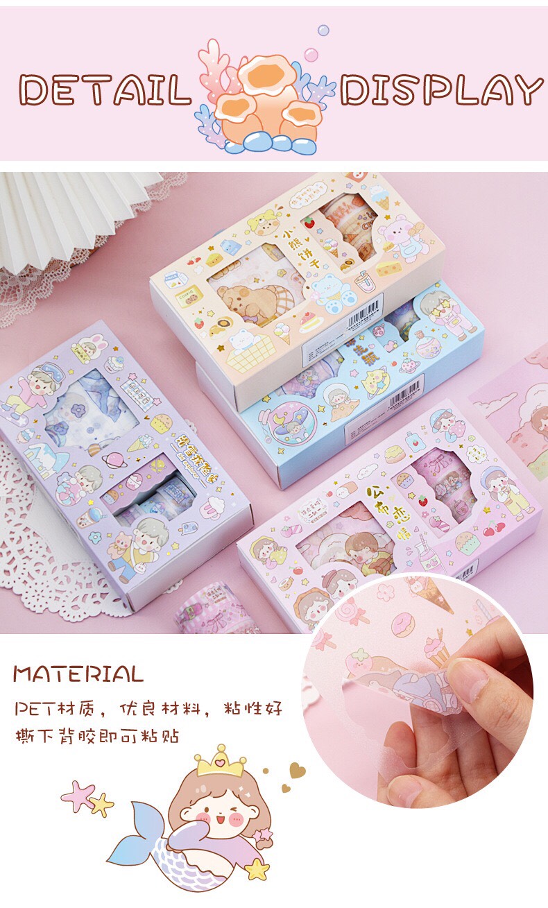 Hộp Washi Tape Trang Trí Sổ Tay set 5 Cuộn Băng Dính Và Bộ Hình Dán Sticker Siêu Kute