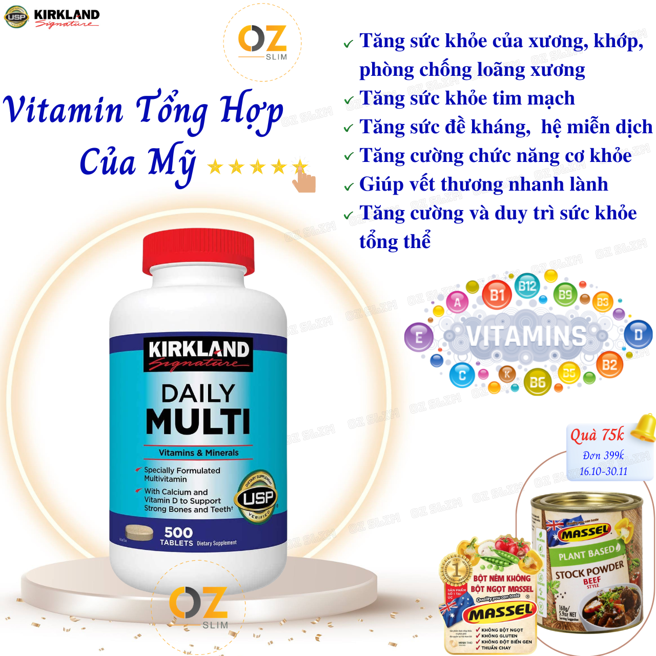 Vitamin tổng hợp cho người dưới 50 tuổi Kirkland Signature Multivitamin Bổ sung khoáng chất cho cả nam và nữ, tăng cường hệ miễn dịch, giảm căng thẳng mệt mỏi - OZ Slim Store