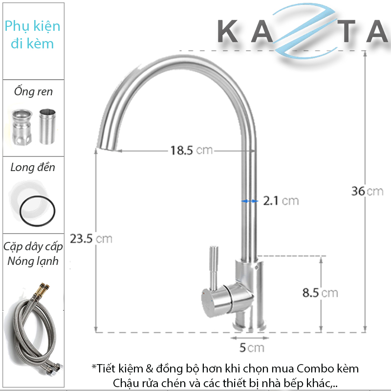 Vòi rửa bát nóng lạnh Kazta KZ-7102 cổ tròn inox 304 kèm 2 dây cấp nóng lạnh